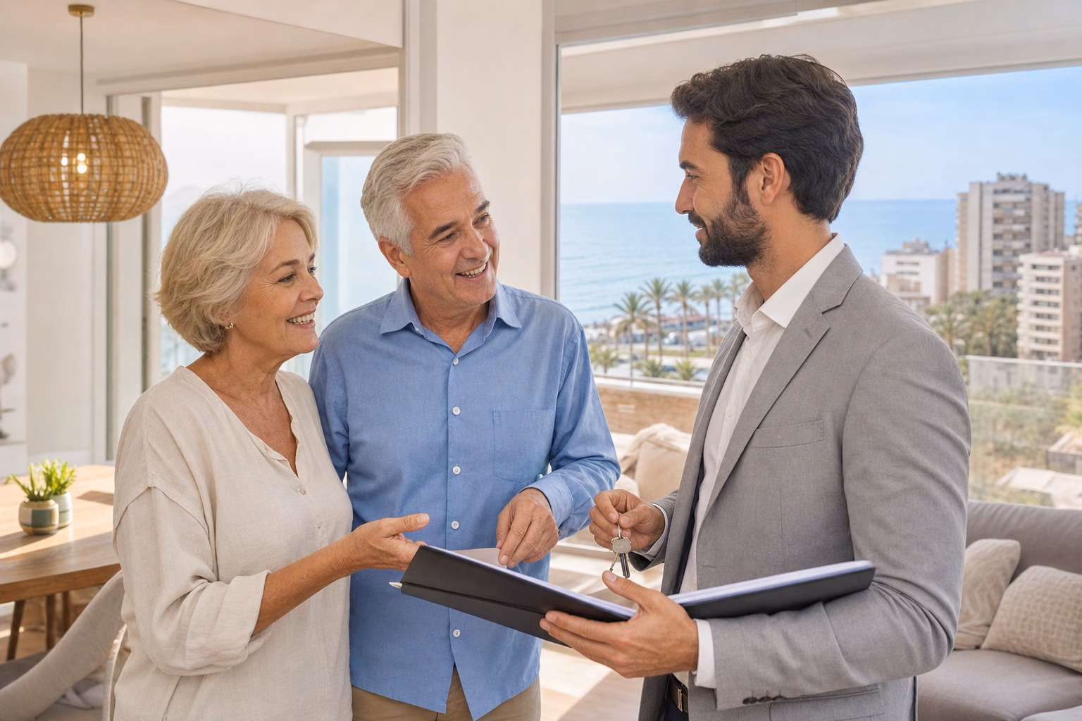Pareja senior con asesor inmobiliario revisando el alquiler de una vivienda tras vender la nuda propiedad en Castellón