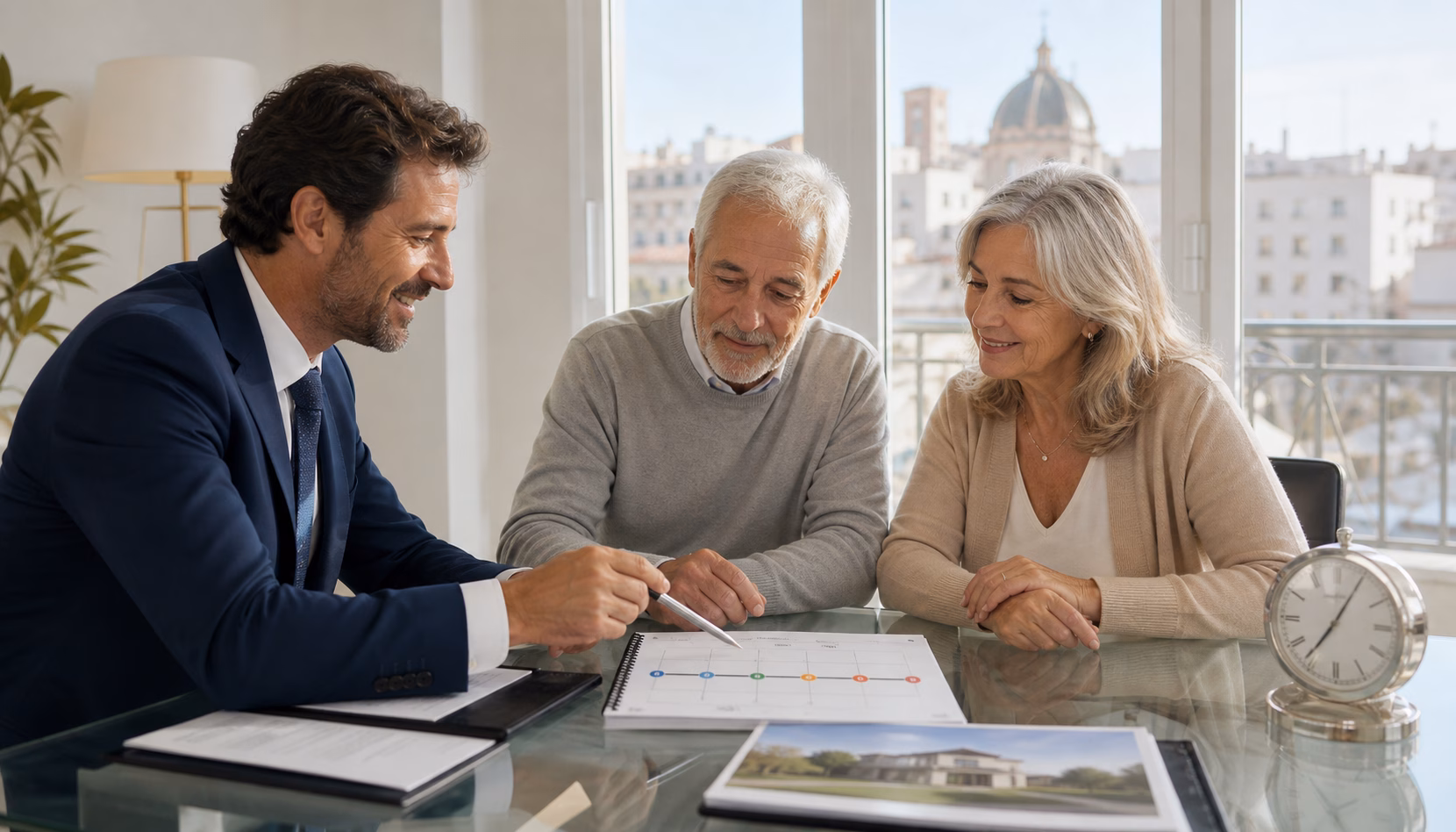 Pareja mayor con asesor revisando el calendario de una venta de nuda propiedad en Castellón
