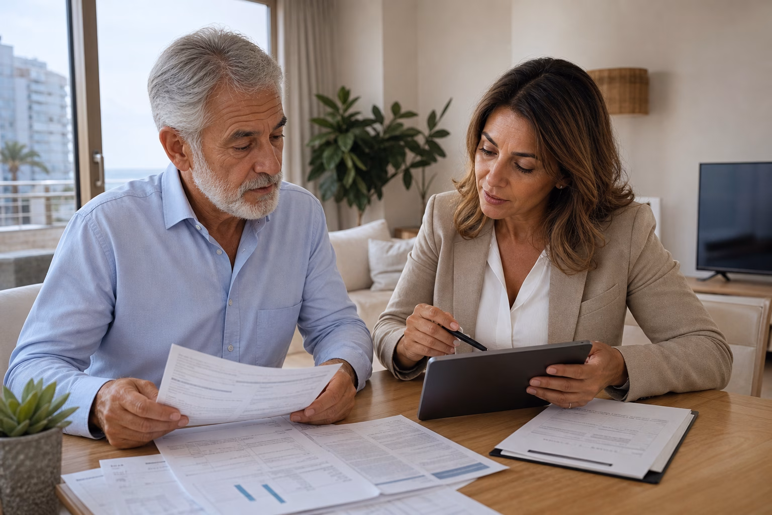 Propietario senior y asesora revisando IBI, comunidad y derramas de una vivienda en Castellón