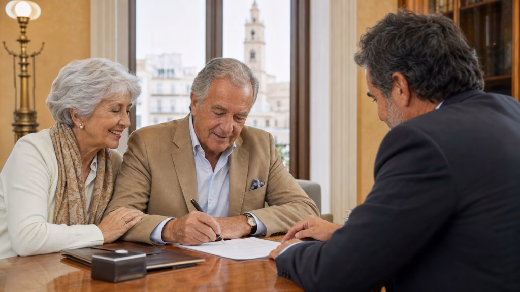 Pareja mayor firmando documentos con un notario en Castellón