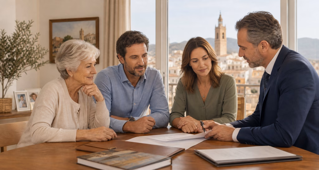 Familia revisando la venta de la nuda propiedad de una vivienda heredada en Castellón